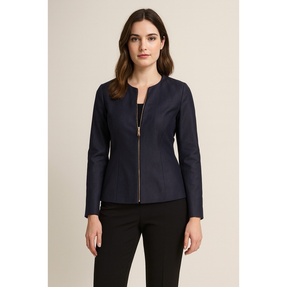 Dana Buchman Jacket women Sz 2 Blue Zip Up Blazer stretch‎ Work Office Preppy